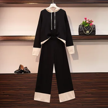 

2019 autumn Large size women's fat mm autumn hooded knitted sweater top and wide leg pants cover two piece set women clothes