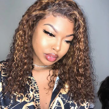 

Transparent Lace Peruvian Curly Lace Front Human Hair Wigs with Baby Hair 200Density Short Bob Full Lace Wigs for Black Women
