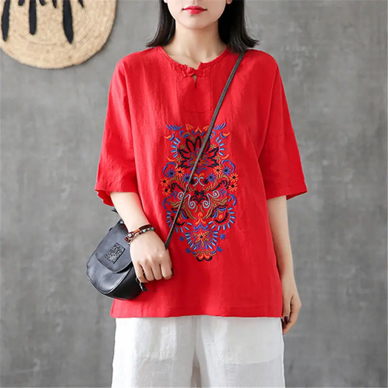 

Aransue Short Sleeve Cotton And Linen T-Shirt Women 2021 Summer New V-Neck Loose Embroidery National Style Red Top