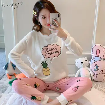 

Coral Velvet Winter Women Pajama Sets Female Flannel Round Neck Cute printing Cartoon Letter Home Service Winter Warm Suit