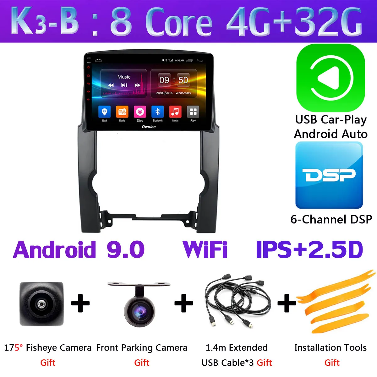 360 ° камера 4G LTE Android 9,0 8Core 4G+ 64G SPDIF DSP CarPlay автомобильный мультимидийный Навигатор Радио для KIA Sorento 2009 2010 2011 2012 2013 - Цвет: K3-B-CarPlay