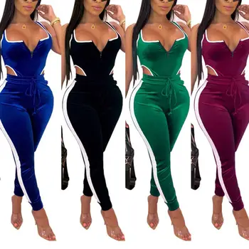 

2Pcs/Set Sexy Women Sleeveless Backless Bodysuit Drawstring Stripe Long Pants Solid color stylish style easy to pair with