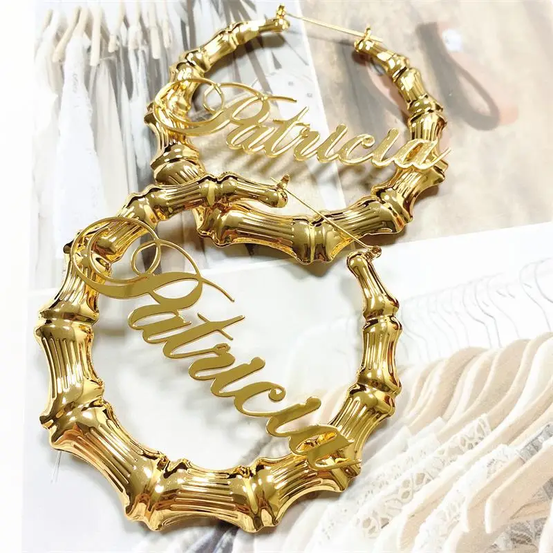 DUOYING 2020 New Name Earring Hip Hop Bamboo Circle Round Earrings Personalized  Custom Name Earring For Women Christmas Gifts