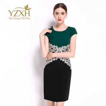 

2019 Autumn Big Code Women's Wear Embroidery Round Neck Contrast Color Splicing Dress