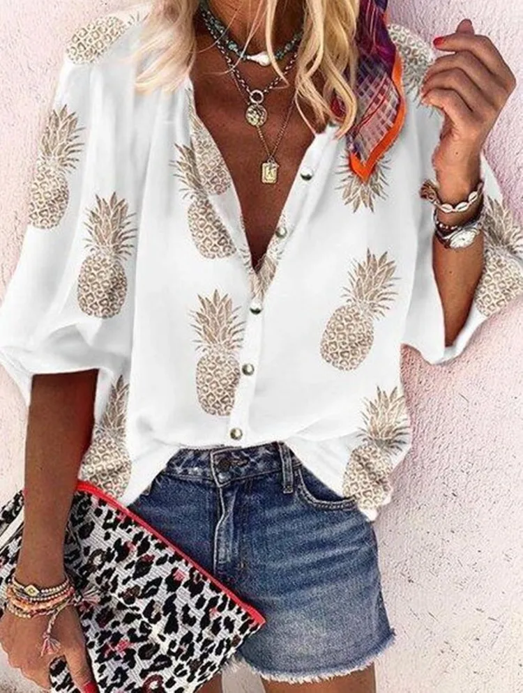 blouses & shirts Casual Pineapple Print Office Blouses Women 2020 Autumn Lapel ladies shirts Fashion Button Access control Female WHITE Tops 3XL women's shirts & tops