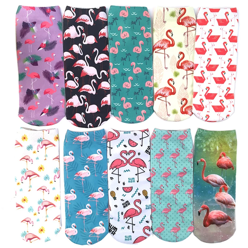 Короткие носки с 3D принтом фламинго, 10 пар/лот, низкие Носки с рисунком, 8 пар/лот, забавные осенние женские лодочные носки высокого качества