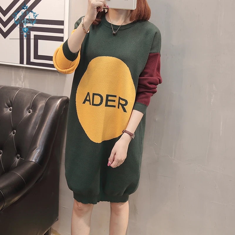 

CUERLY 2019 new Casual loose O-neck plus size dress women autumn long sleeve mid-length trend letter print knit dresses