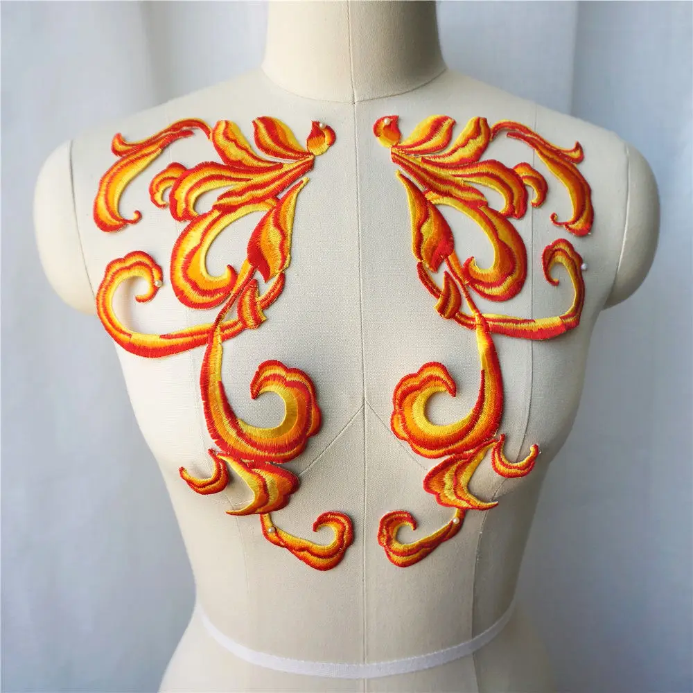 2PCS Orange Yellow Fire Baroque Fabric Appliques Sew Iron On Patches Embroidered For Wedding Gown Dress Costumes Decoration DIY | Дом и сад