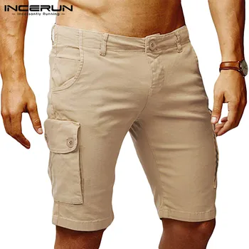 

2020 Fashion Men Cargo Shorts Streetwear Multi-pockets Solid Color Button Summer Casual Knee Length Shorts Hombre INCERUN S-5XL