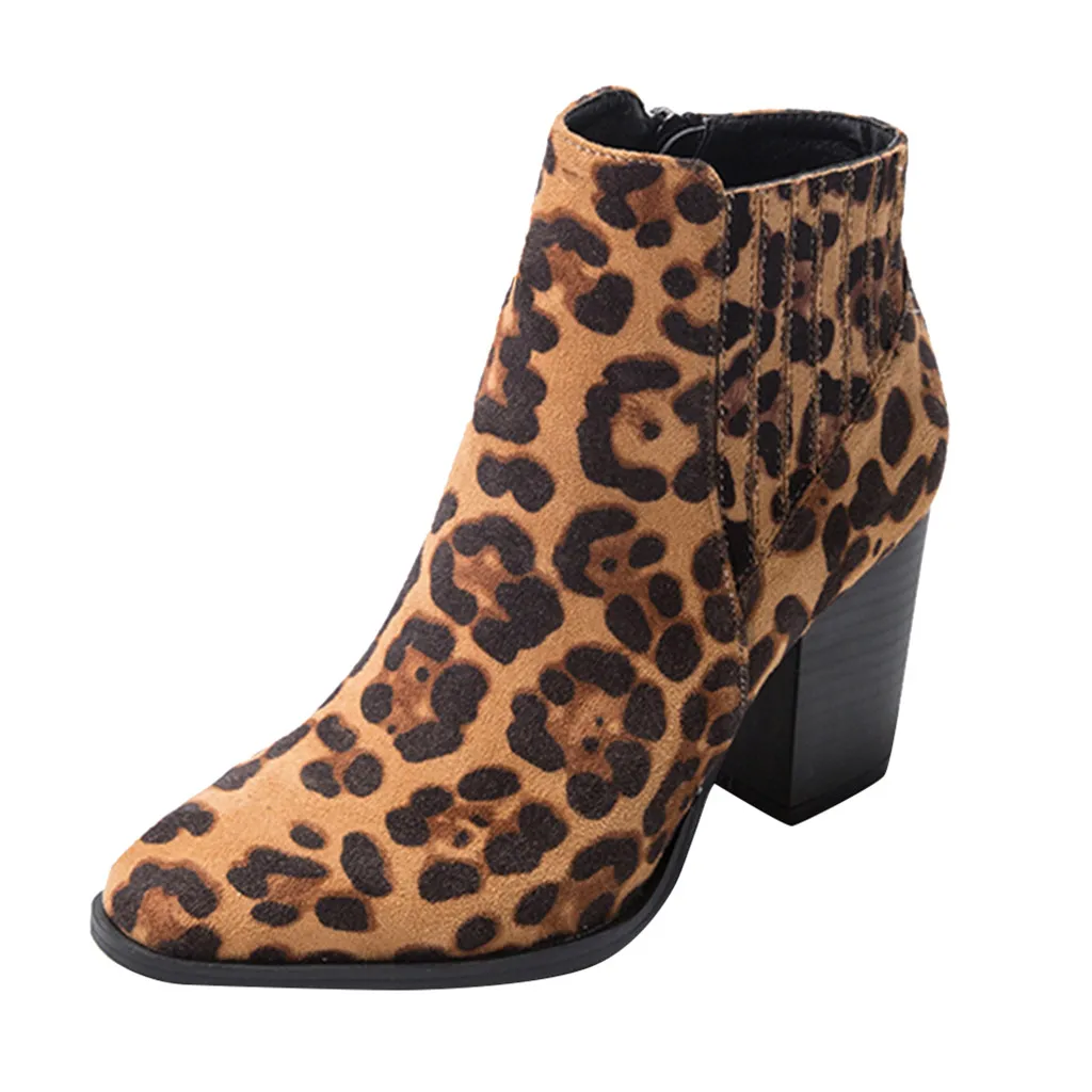 Stylish Women's Sexy Ankle Boots Winter Leopard Print Pointed Suede Chelsea Boot Fashion Female High Heel Party Casual Shoes Zip