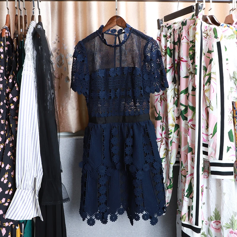 VERDEJULIAY Runway Lace Dress Summer Spring Luxury Blue Hollow Out Flower Embroidery High Quality Mini Dress Vestidos