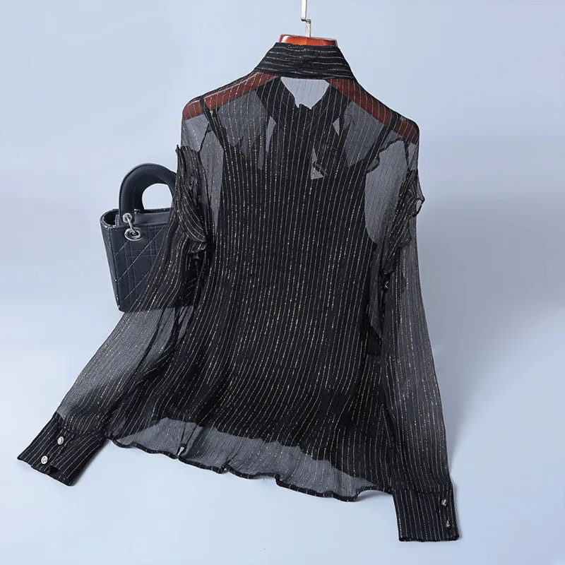

Perspective Striped Silk Shirt Womens Tops and Blouses Long Sleeve Shirts Spring Summer Black Blouse Blusas 2020 LWL1625