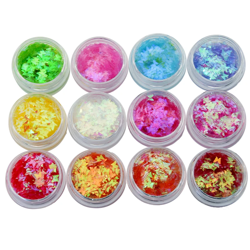 

1Box 3ml Nail Art Glitter Butterfly-Design Flake Sparkly Spangle UV Gel Polish 12Box/set Flake Sequin DIY Charm Glitter Flakes