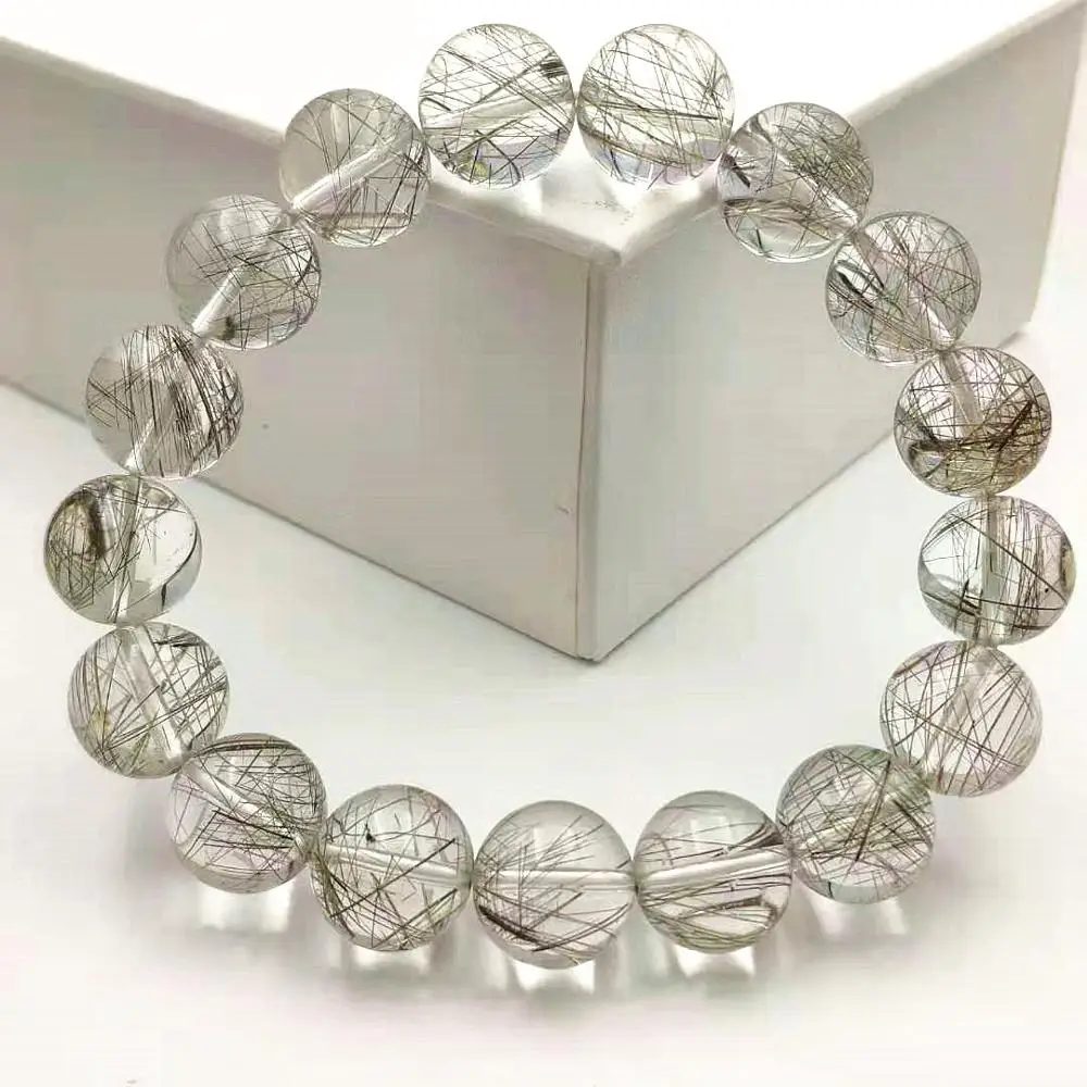 

12.5mm Natural Silver Rutilated Quartz Crystal Clear Round Beads Stretch Bracelet From Brazil Reiki Stone Jewelry AAAAA