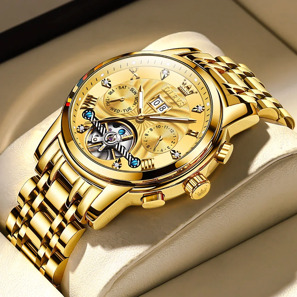 OLEVS Mens Watch Automatic Mechanical Tourbillon Slef-Wind Luxury Stainless Steel Waterproof Luminous Date Wrist Watch