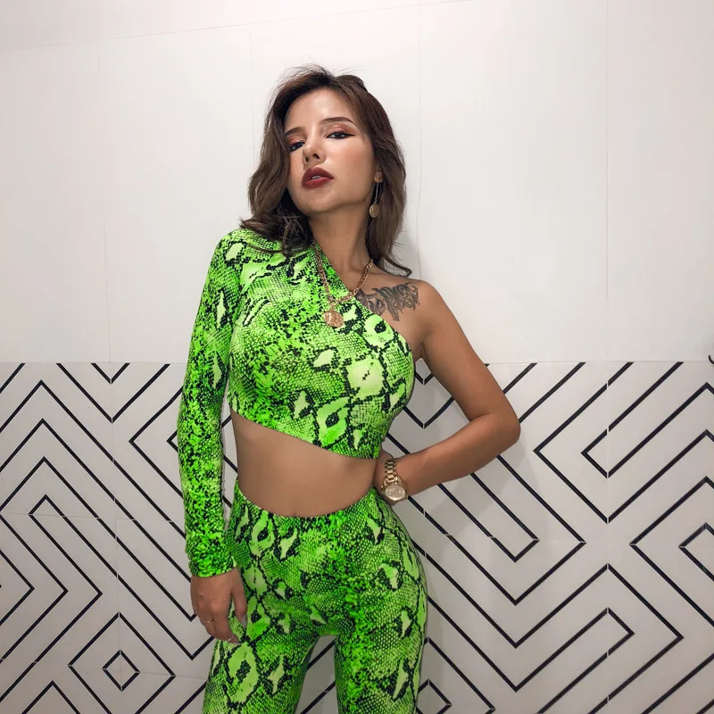 HAOYUAN Neon Snake Print Two Piece Set Women Tracksuit One Shoulder Crop Top Pant Suits Sexy 2 Piece Club Outfits Matching Sets