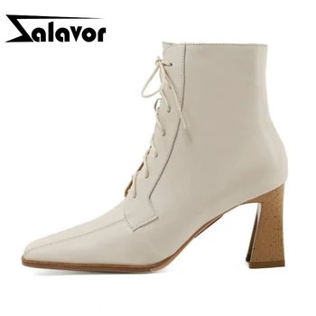 

ZALAVOR Real Leather Women Ankle Boots High Heel Cross Strap Zipper Shoes Square Toe Winter Boots Fashion Footwear Size 33-40