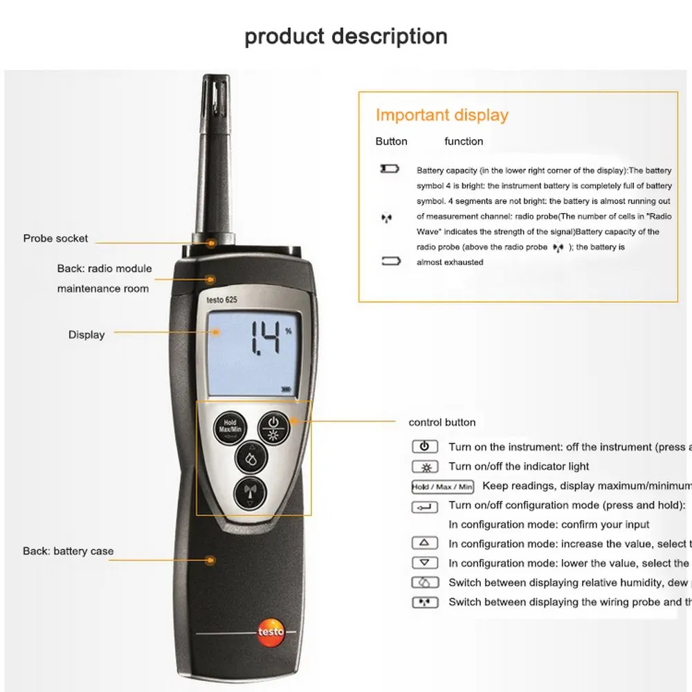 Testo625 ручной портативный высокоточный-20 ~ 50℃ цифровой измеритель температуры воздуха и влажности термометр гигрометр Манометр тестер