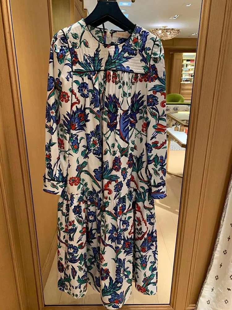 AELESEEN Runway Fashion Women Dress Designer New Arrival Autumn Fall Dress Long Sleeve Loose Style Flower Print Casual Dress