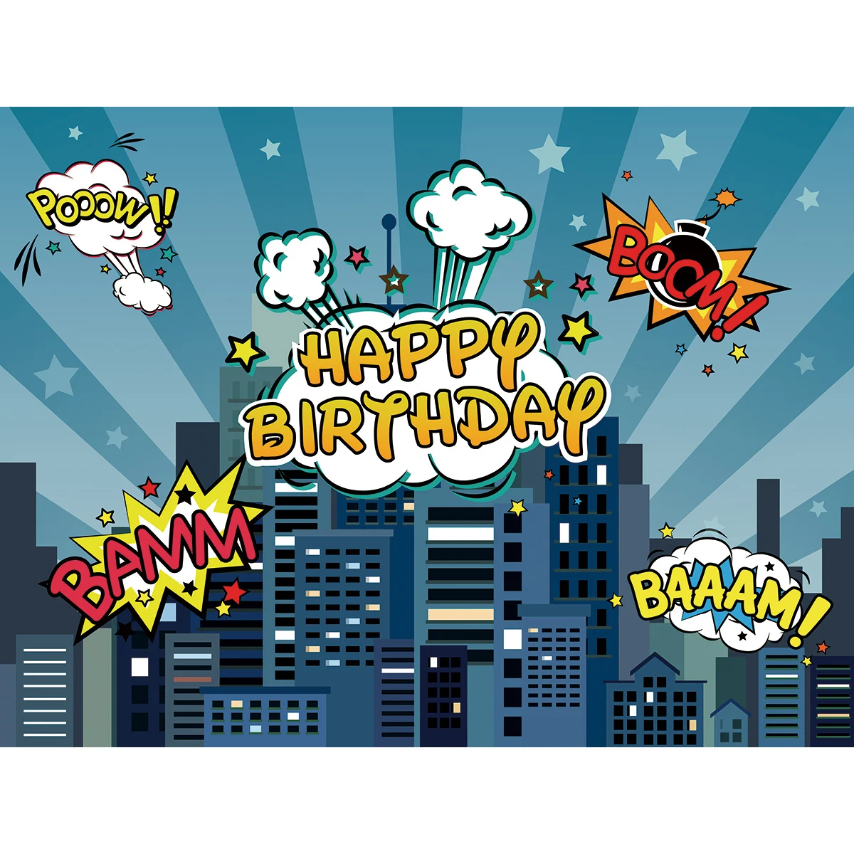 Allenjoy Happy Birthday Banner Night Cityscape Stars Stripe Pooow