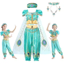 Принцесса Жасмин платье для девочек г. Фильм Аладдин ролевая одежда с пайетками арабский Павлин перо печать Тюль плащ наборы