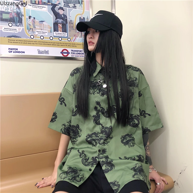 Harajuku/Модная уличная Корейская женская блузка с принтом дракона, коротким рукавом, пуговицами и отложным воротником, топ, рубашка, Винтажная футболка с готическим рисунком