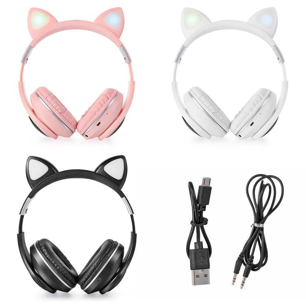 New Arrival LED Light Kawaii Cat Ear Rabbit Ear Noise Cancelling Bluetooth Wireless Headphones w Mic For Kids Girls