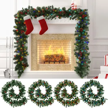 

Christmas Garland with Light String Hanging Ornaments for Fireplace Staircase Christmas Bowknot Red Berry Pine Cones Garland