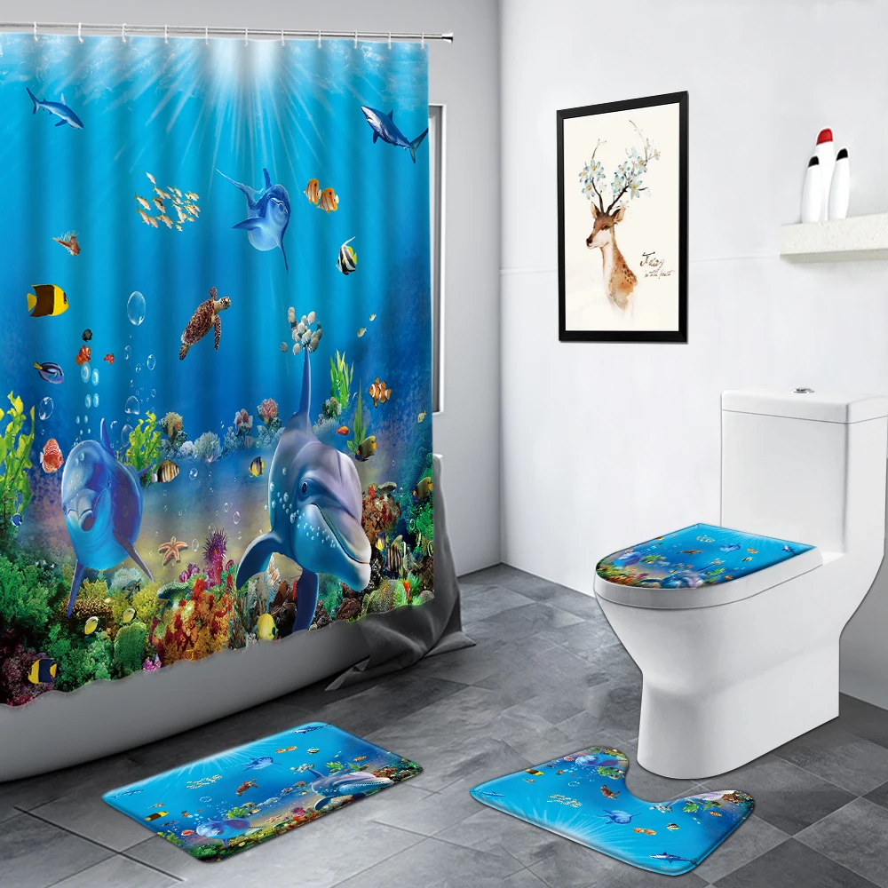 

Underwater World Dolphin Shower Curtain Set Bathroom Carpet Tropical Fish Sea Turtle Ocean Scenery Non-slip Rug Toilet Bath Mats