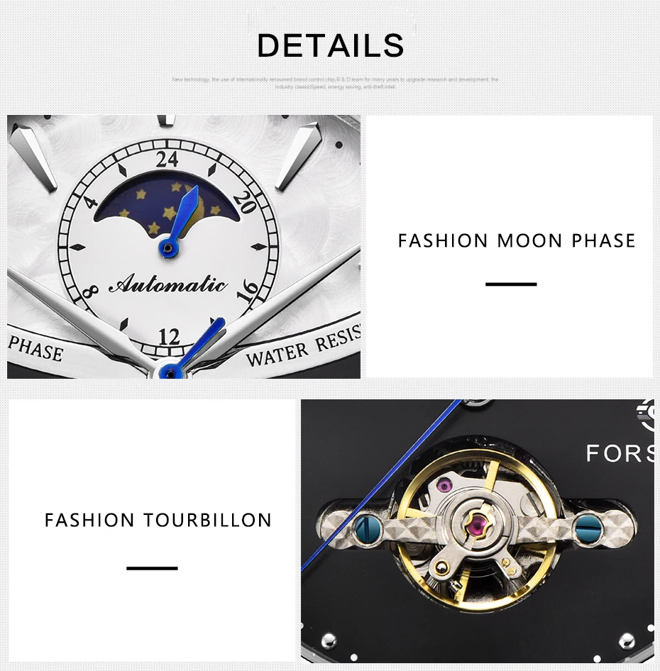 FORSINING Tourbillon водонепроницаемые механические мужские часы из нержавеющей стали с фазой Луны Автоматические наручные часы Relogio Masculino