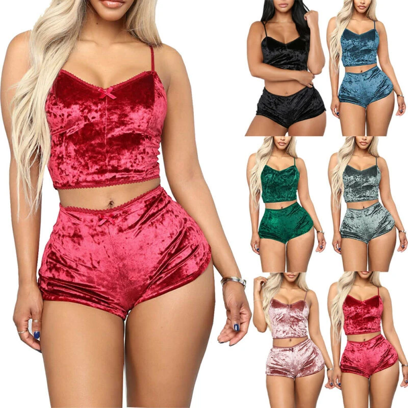 pj sets Women 2 piece set Velvet Sleepwear Sexy Spaghetti Strap Shorts Pajamas Suit Ladies Casual Sleepwear Female Pajama Party Set HOT plus size bra and panty sets