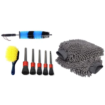 

9 Pcs Car Accessories: 7 Pcs Car Wheel Tire Detailing Brush Set & 2 Pcs Car Cleaning Gloves Wash Glove