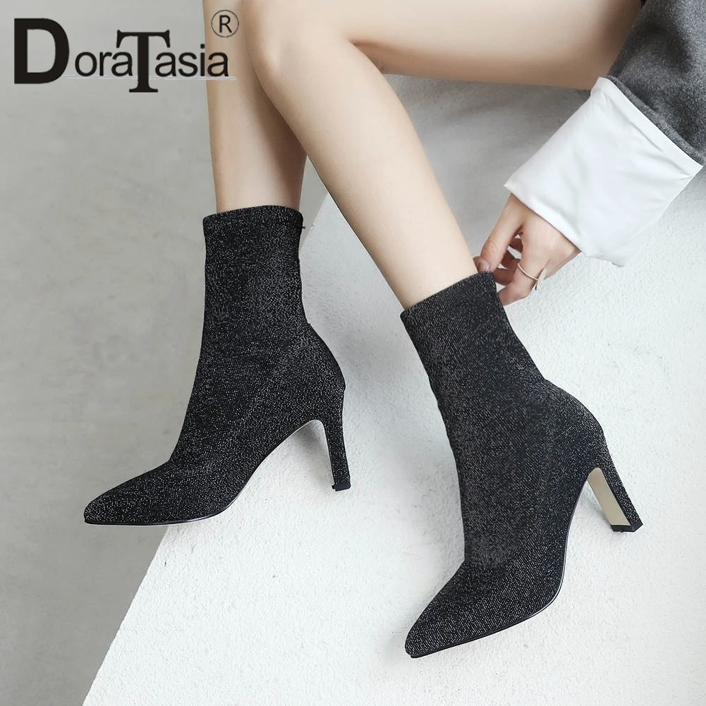 

DORATASIA New Big Size 34-43 Elegant Shining Sock Booties Lady Party Pointed Toe Ankle Stretch Boots Women High Heel Shoes Woman