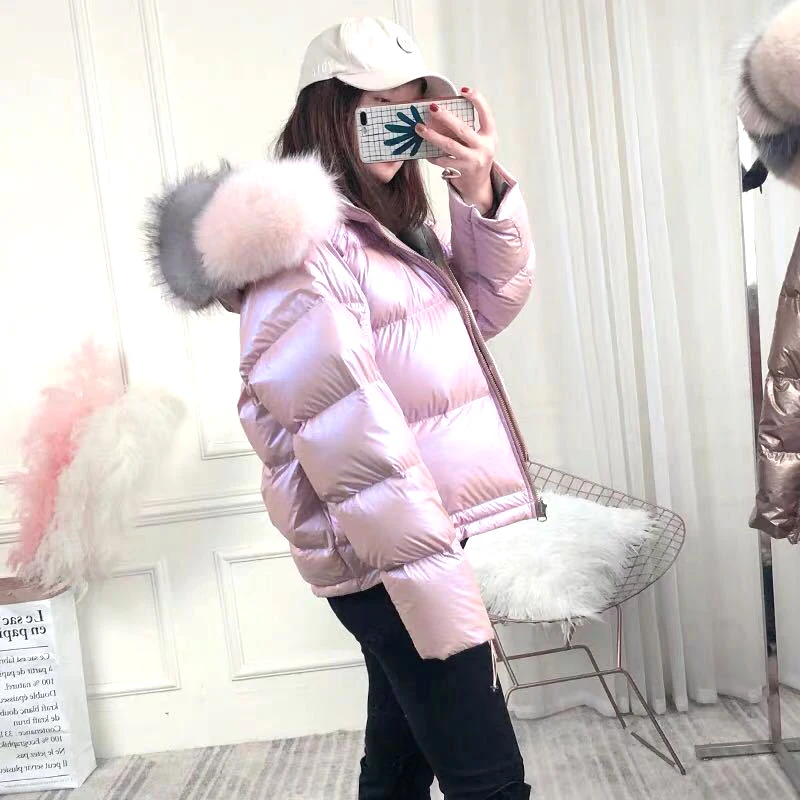 

2019 Winter Women Duck Down Jacket Natural Fox Fur Collar Loose Short Down Coat Thick Warm Down Parka #ZM806