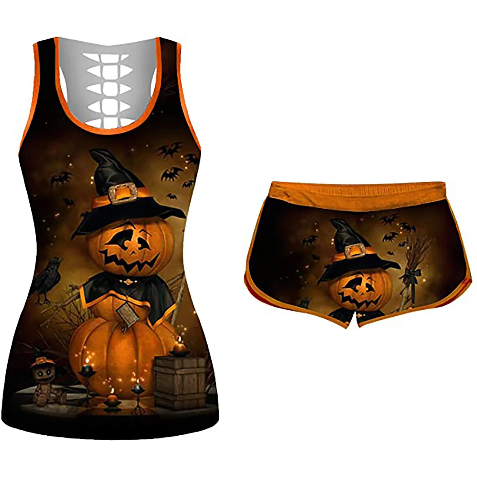 2021 Women's Pant Suits Halloween Sleeveless Tank Tops Set Pumpkin Printing Elastic Waist Shorts Спортивный Костюм Женск 2