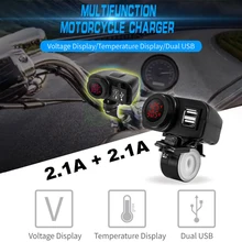 Voltímetro Digital y termómetro, fuente de alimentación de 12 V/24 V, enchufes/salidas LED rojas, Cargador USB para motocicleta, 2.1A + 2.1A w