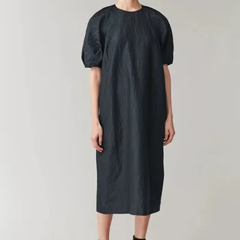 

Spring Summer Midi Dress Women Puff Sleeve Loose Solid Color Straight Dress with Zipper