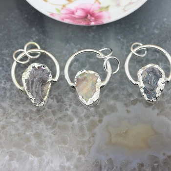 

5pcs/lot,Raw Drusy Agates Circle Pendants Jewelry Making,Natural Freeform Slice Gem Quartz silver Plated Key Accessory Findings