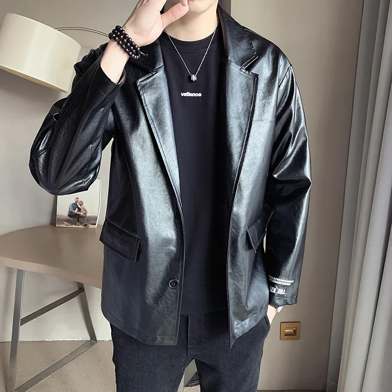 Men Faux Leather Blazer Jacket Coat Top Outwear Casual Black Fashion New