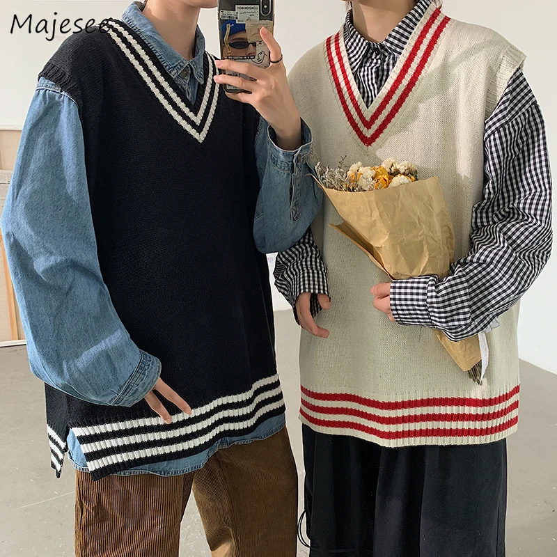 Suéter con cuello en V para hombre, chaleco con estampado suelto de moda, estilo Harajuku, para estudiantes, prendas de vestir de diseño Simple con abertura lateral elegante, cálido y suave nuevo