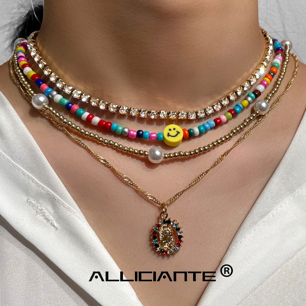 Collana di perline di sorriso di girasole di cristallo arcobaleno 4 pezzi  per le donne collane a catena a strati con Choker di strass di perle di  semi - AliExpress