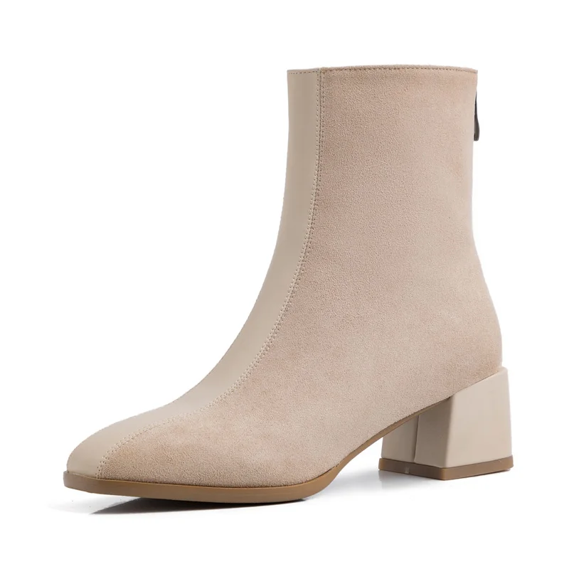 

Flock Thick Heel Ankle Boots Women Autumn Winter Lady High Heels Shoes G224 Woman Square Toe Zipper Black Apricot Boots
