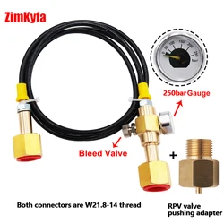 CO2 Tank Refill Station Charging Transfer With 1.5m 5ft Hose W21.8-14 TO W21.8-14 with 250bar Gauge w/ RPV Valve Pushing Adaptor