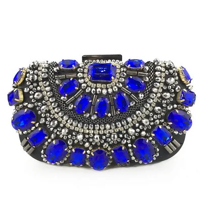 blue Известный бренд, женские сумки, черный кристалл, вечерняя сумочка, металлические клатчи, серебряные, украшенные бисером, Свадебная коробка, клатч, сумки, Bolsos Mujer - Цвет: blue