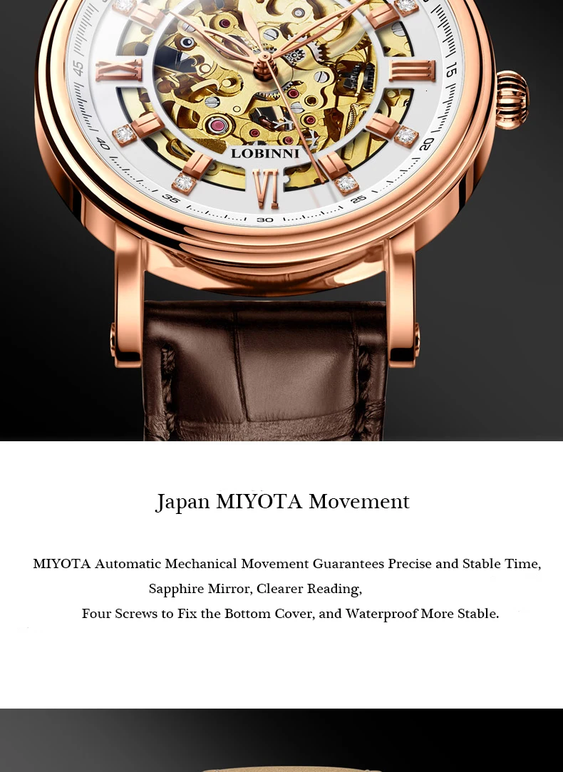 Швейцарские часы, мужские автоматические механические часы LOBINNI MIYOTA, Роскошные сапфировые часы со скелетом, relogio masculin Rose 9010M-6