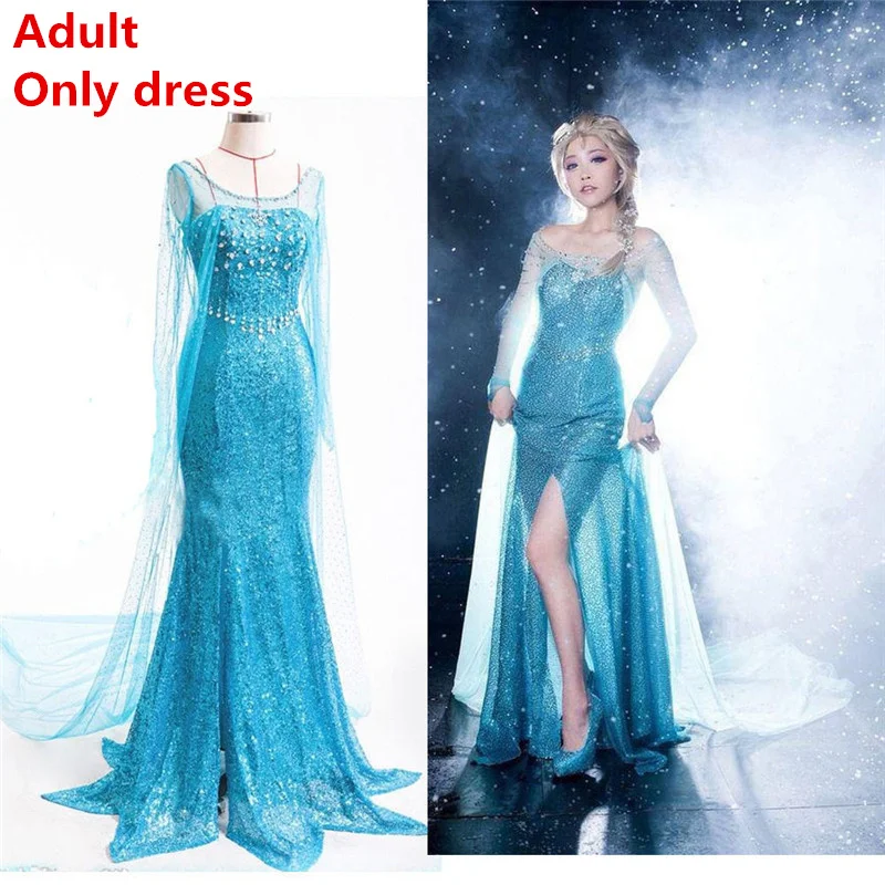 Adult dress Платье принцессы Эльзы для маленьких девочек; Одежда для девочек; маскарадный костюм Эльзы; аксессуары для хеллоуина и рождественской вечеринки - Цвет: Adult dress