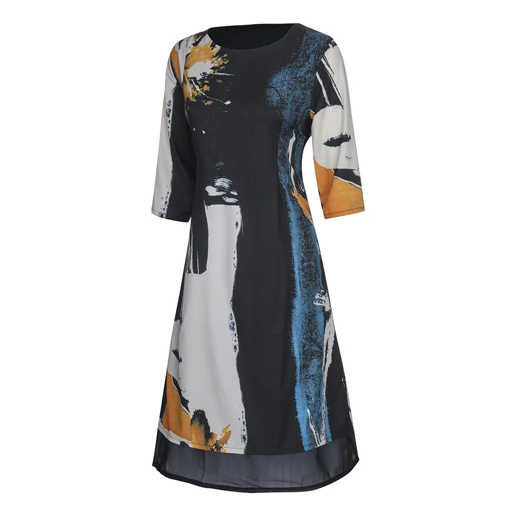 Bohemian Retro Printed Long Dress O-neck 3/4 Sleeve Big Hem Women Autumn Winter Dress  Elegant Party Casual Vestidos De 828
