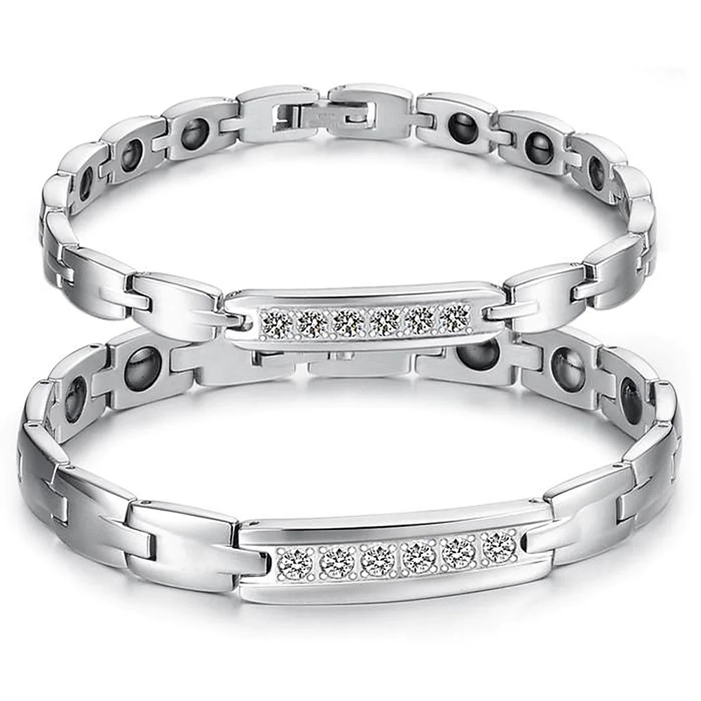 

Couples Health Magnetic Therapy Stainless Steel Bracelet Romantic Magnet Stone With Rhinestone Bracelets For Women Men Jewelry