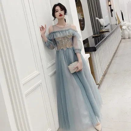 Long Blue A KAUNISSINA, Элегантное коктейльное платье, синие вечерние платья из тюля с аппликацией, платья для выпускного вечера знаменитостей, платье для выпускного вечера, реальные фотографии - Цвет: Long Blue A