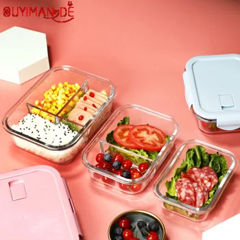 

Heat-resistant Glass Fresh-keeping Box Lunch with Rice Compartmented Bento Box Microwave Oven Heated Glass Lunch Box Bento Box